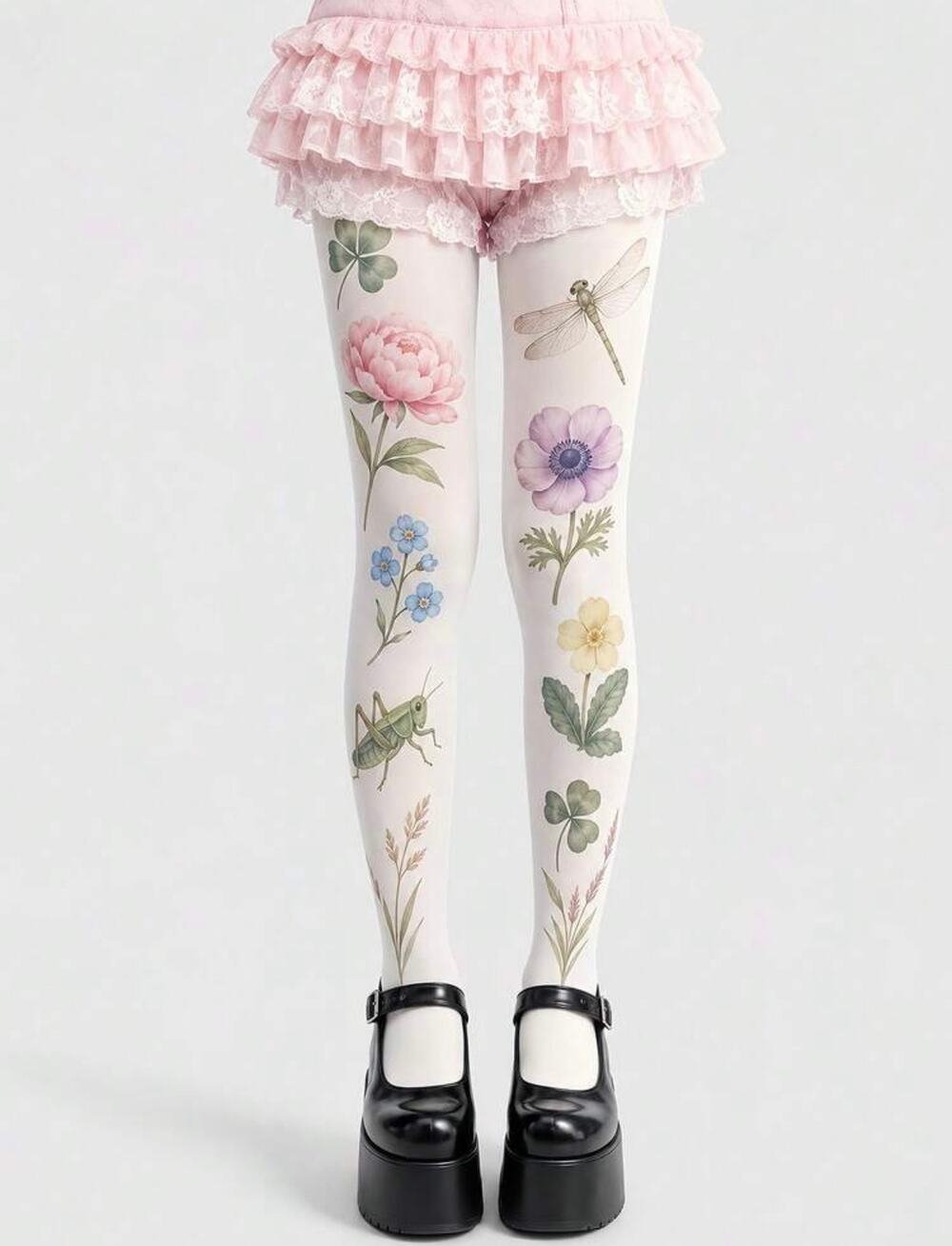 NWT White Floral Dragonfly Grasshopper Tights